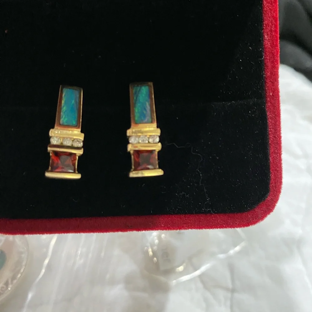 TURMALINE, INLAID OPAL & DIAMOND IN 14KT GOLD RING  & EARRINGS.  Could Be Kavana - Picture 8 of 11